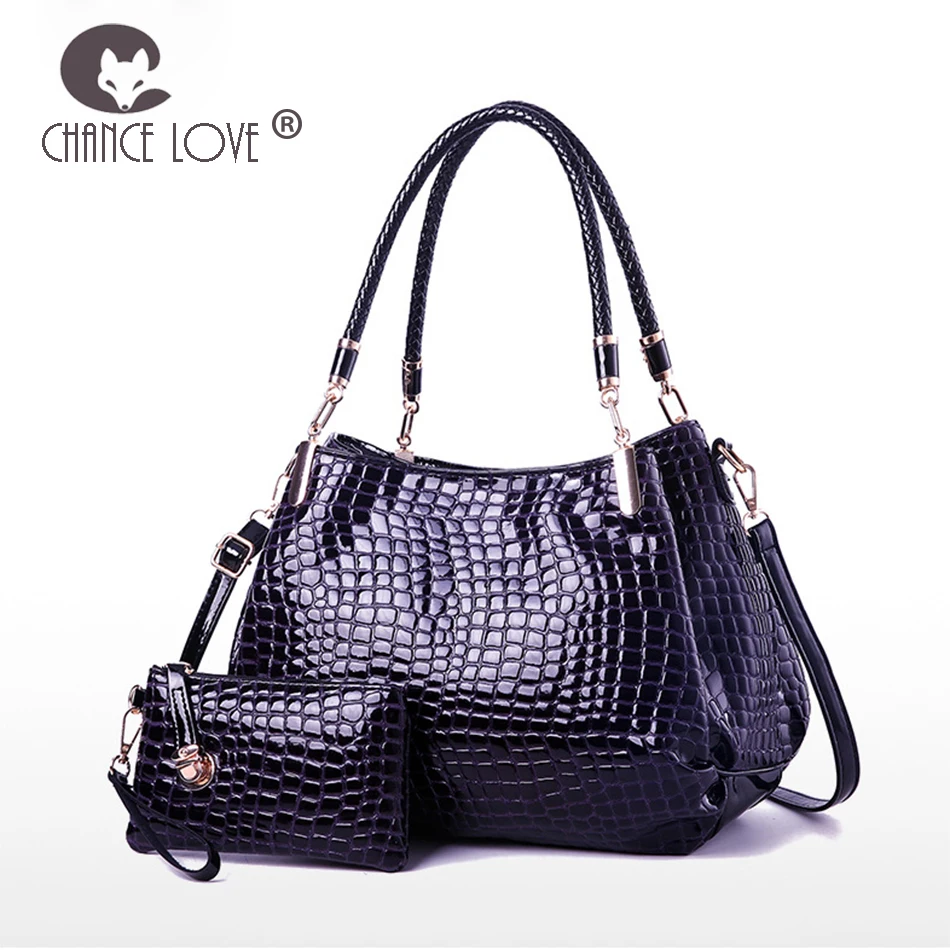 

Chance Love 2018 new crocodile pattern patent leather handbags composite bag shoulder slung white bright tote women handbag