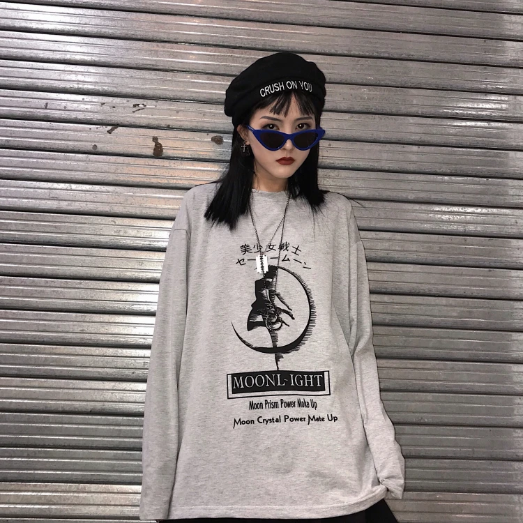 

Woherb Harajuku Long Sleeve T Shirt Women Print Sailor Moon Letter Plus Size Vintage Tops T-shirt Streetwear 2019 Summer 21215
