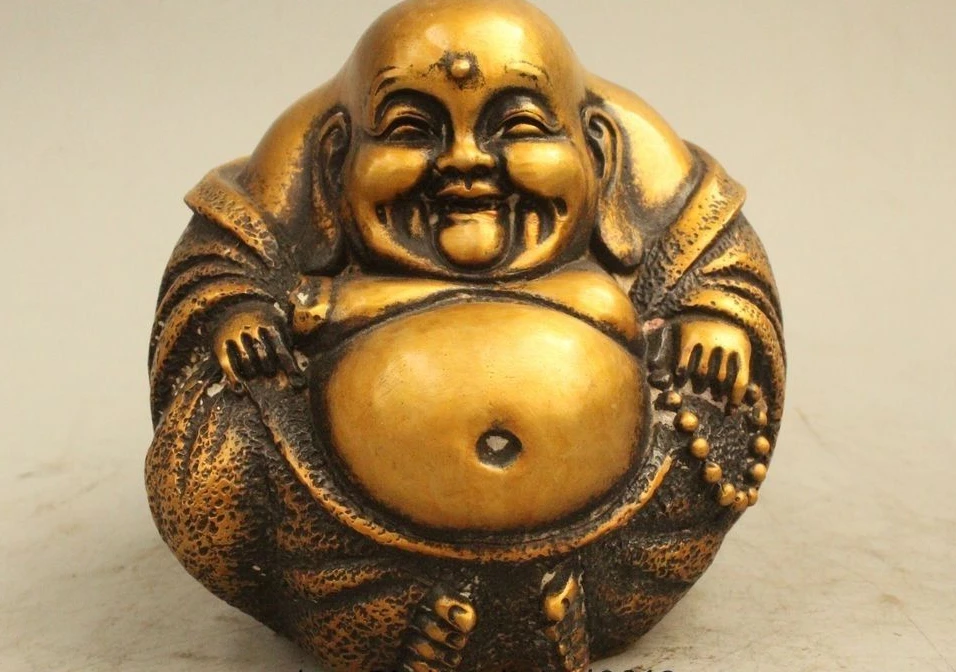

5" Chinese Buddhism Brass Seat Happy Laugh Maitreya Buddha Hand Beads Statue