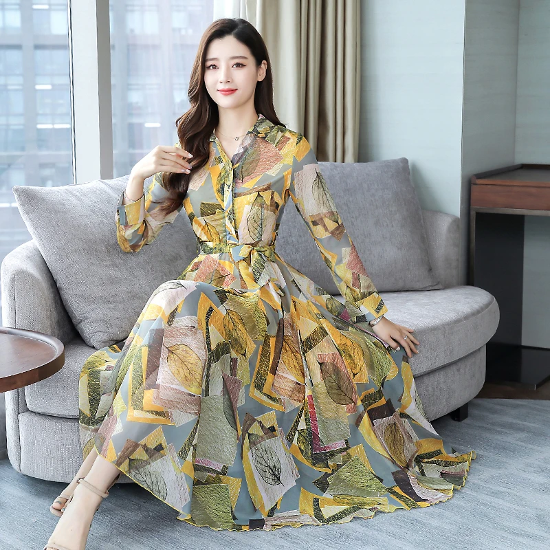 

2019 Autumn New Arrival High Quality Plus Size M-3XL Elegant Flower Printed Turn-down Collar Woman Chiffon Long Dress