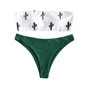 

Women Sexy Two Piece Bikini Set Off Shoulder Strapless Swimwear Plant Cactus Print Swimsuit Female Swim Biquini Maillot