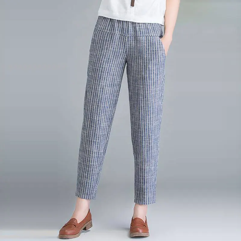 

Harajuku Style Striped Harem Pants For Women Loose Comfortable Cotton Line Female Streetwear Casual Pants Plus Size P026