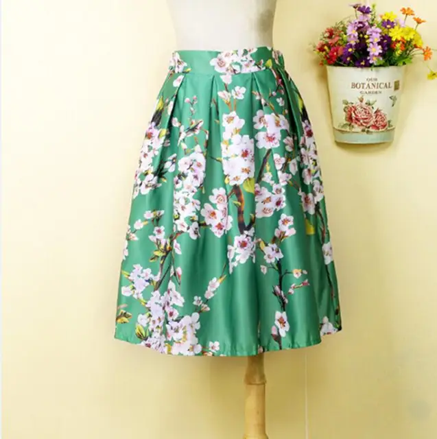 Autumn Winter Vintage Fashion Print Floral Pleated Women Skirt Midi