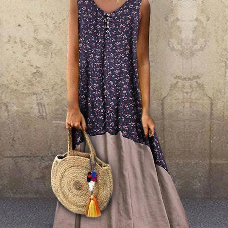 Vestido De Playa Bohemio Para Mujer - Largo, Sin Mangas, Floral, Con Bolsillos, Poliéster, Ideal Para Verano
