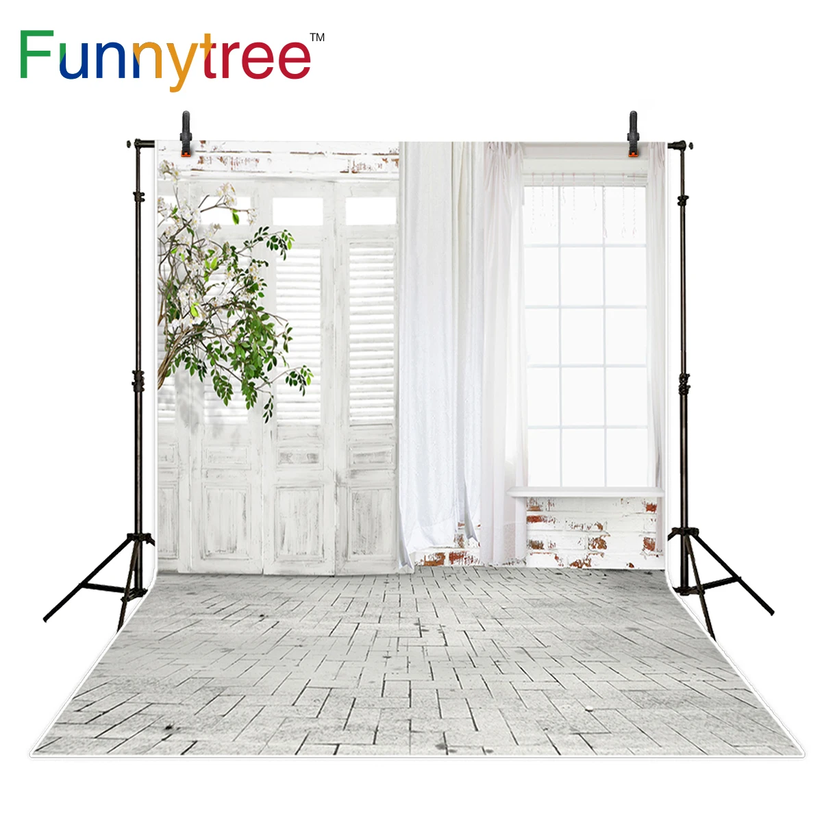 

Funnytree photography backdrops wood door window tree brick floor indoor background new photo studio photobooth
