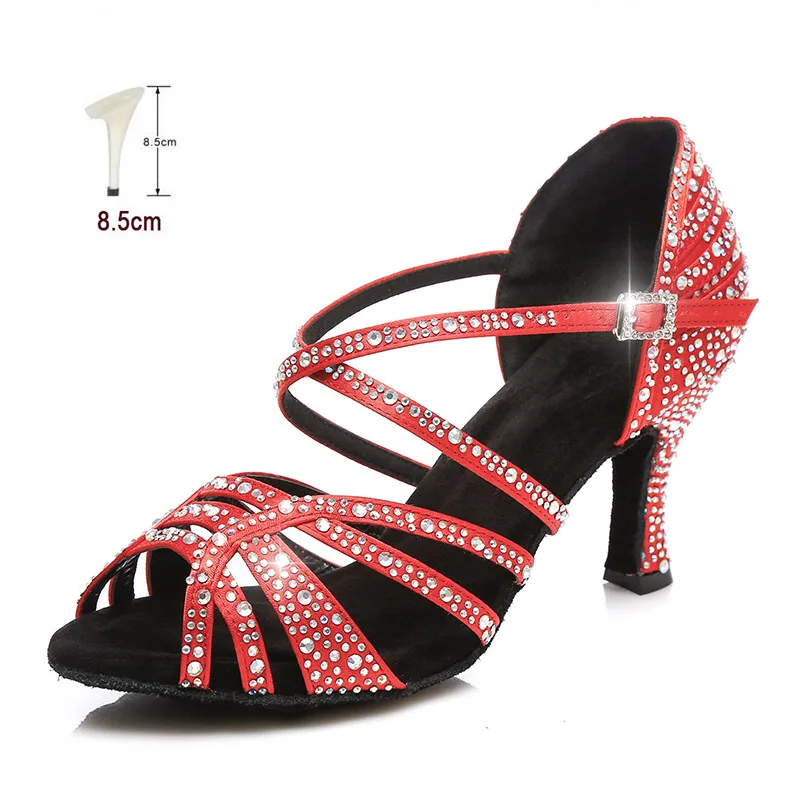 Новинка; HROYL; обувь для латинских танцев; женские Стразы для девочек; женская обувь для бальных танцев; блестящие туфли для танго; 10/8. 5/7. 5 см; - Цвет: Red 8.5CM