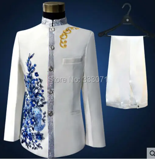 Custom made stand collar font b Men s b font Suits Blue applique Groom Tuxedos Performance