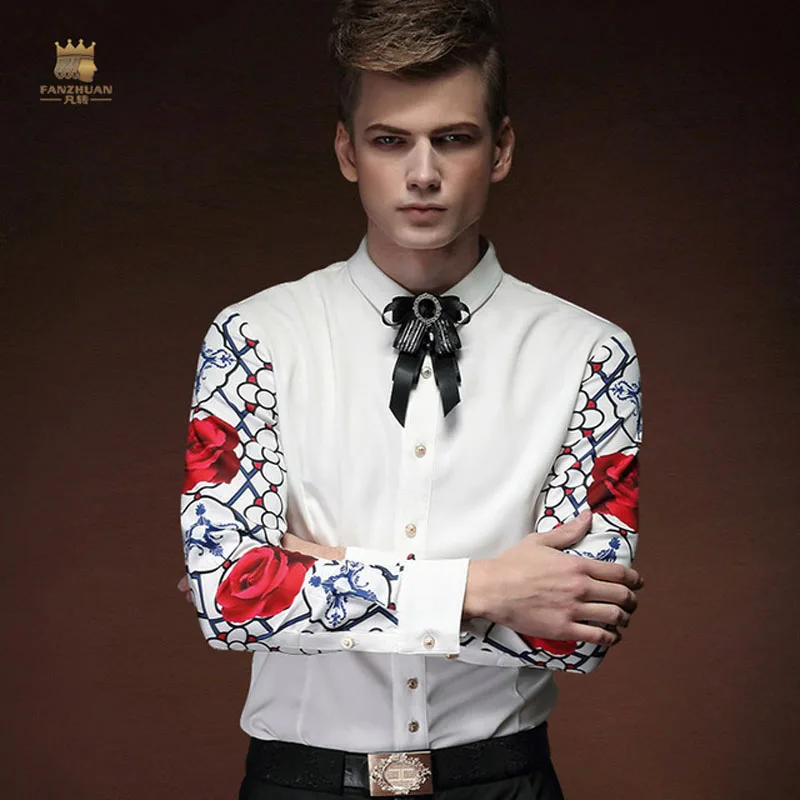 

FANZHUAN Free Shipping New fashion casual 2015 male men's Wave printed personality spring white shirt long sleeved shirts15209