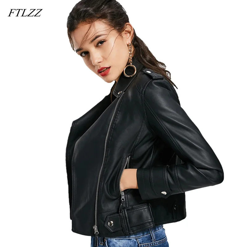 

FTLZZ New Autumn Slim Punk Soft Pu Leather Coat Women Biker Jacket Black Pink Motorcycle Leather Outwear Short Bomber Jackets