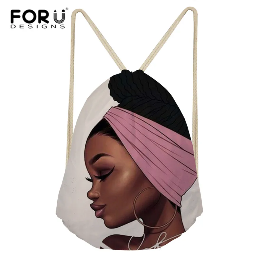 FORUDESIGNS/черный арт африканская девушка сумки с принтом со шнурком Для женщин Этническая Стиль пляжная сумка дамы Drawstring Bagpack 2019