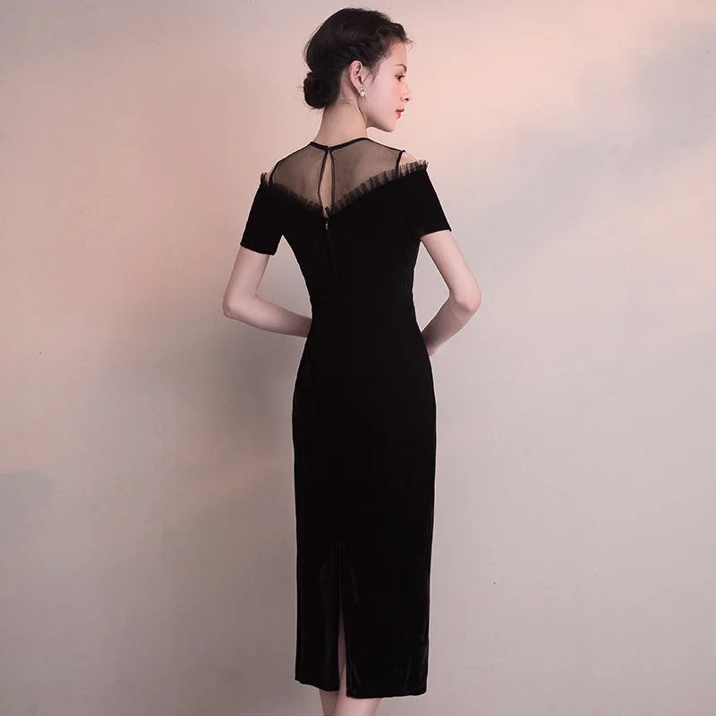 O-Neck Velour Mesh Patchwork Women Cheongsam Summer New Sexy Slim Long Evening Party Dress Gown Vestidos Plus Size 3XL 4XL