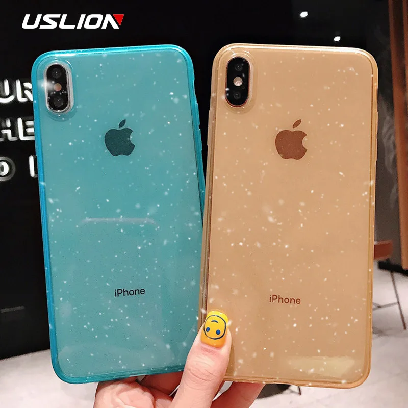 

USLION Bling Powder Transparent Case For iPhone X XR XS Max Glitter Clear Silicon Phone Case for iPhone 7 6 6S 8 Plus Soft Cover