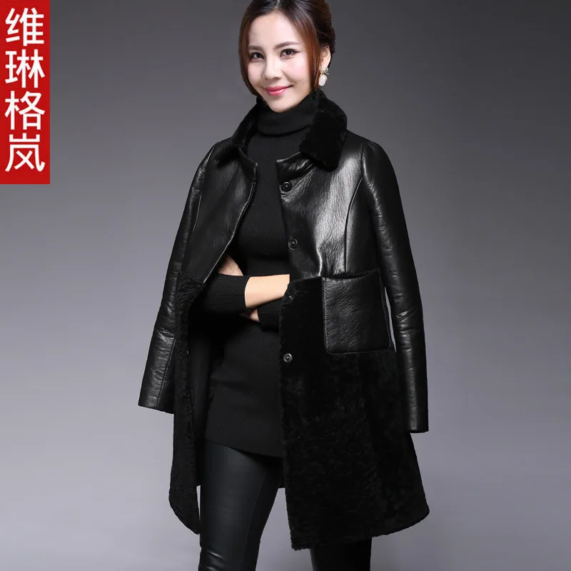 

European Station 2018 New Haining Leather Garment Women's Fur-in-One Coat Mid-long Sheepskin Fur Coat