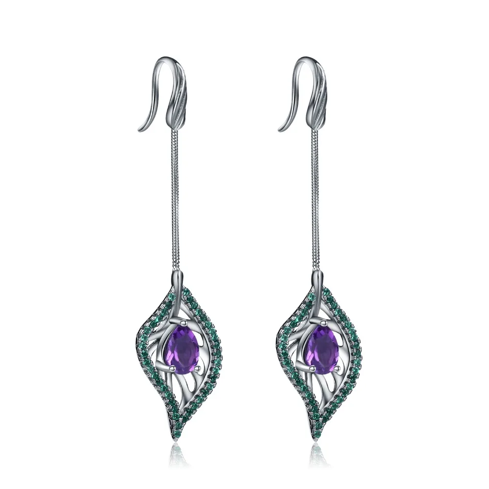 

GEM'S BALLET Natural Amethyst Nano Emerald-Green Leaf Shape Earrings 925 Sterling Sliver Vintage Drop Earrings For Women Jewelry