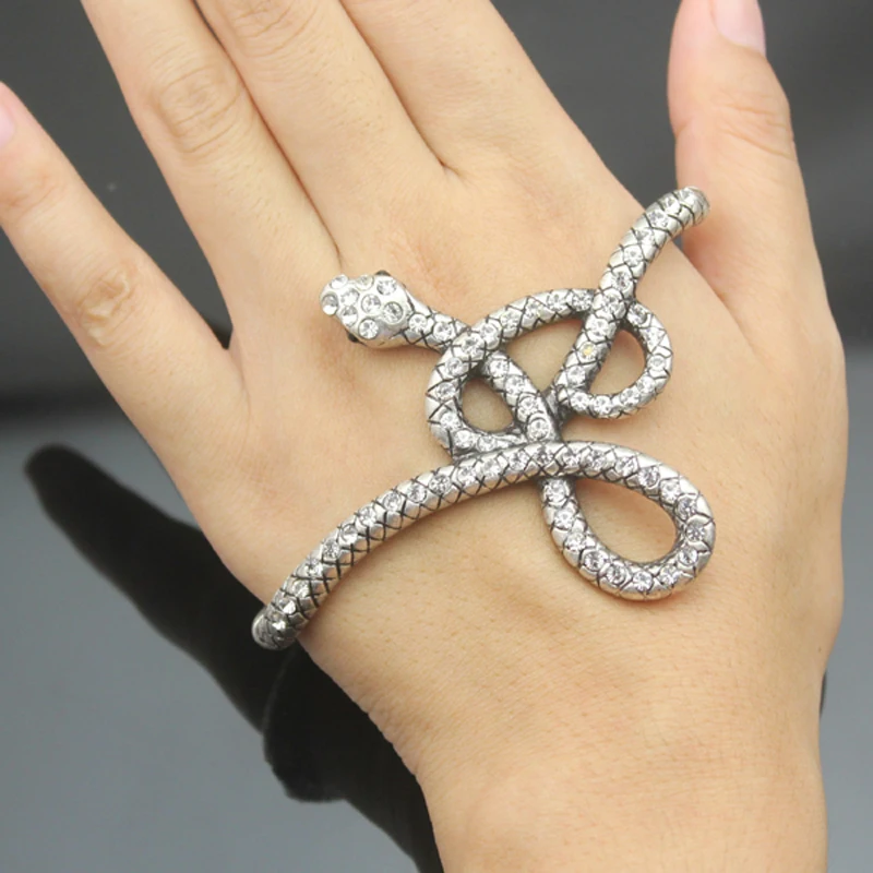 

Egyptian Vintage Gold Snake Crystal Hand Palm Metal Stretch Bracelets Jonc Bangles Pulseiras Cuff Ring Indian Anime Men Jewelry