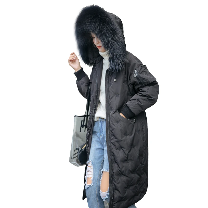 Зимнее модное пальто-пуховик с вышивкой и большим натуральным мехом на утином пуху, Женская Стеганая длинная теплая пуховая куртка с капюшоном, wq244 - Цвет: black