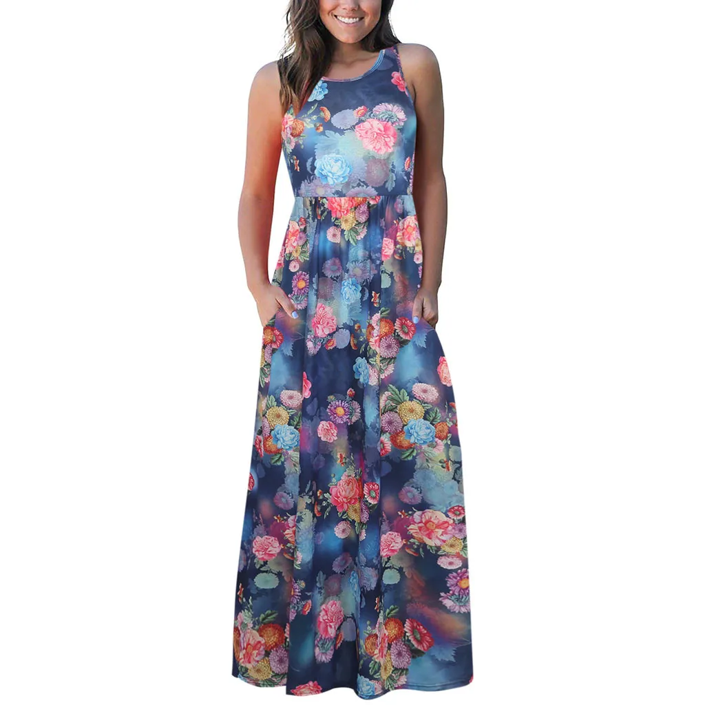 Рукавом О-образным вырезом Повседневные платья летние женские макси с принтом майка длинные летние платья и сарафаны sukienka vestidos# G9 - Цвет: Blue 21