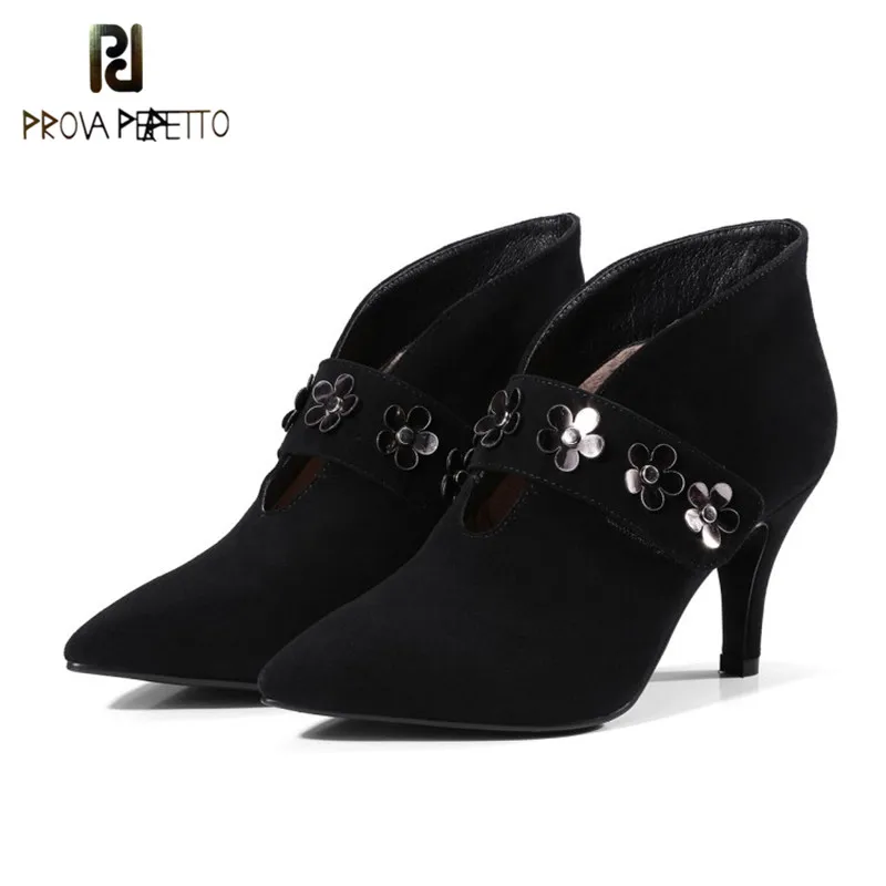 

Prova Perfetto New Designer Korean Style Mary Jane Naked Boots Black Color with Flower Pointed Toe High Heels Woman Short Boots