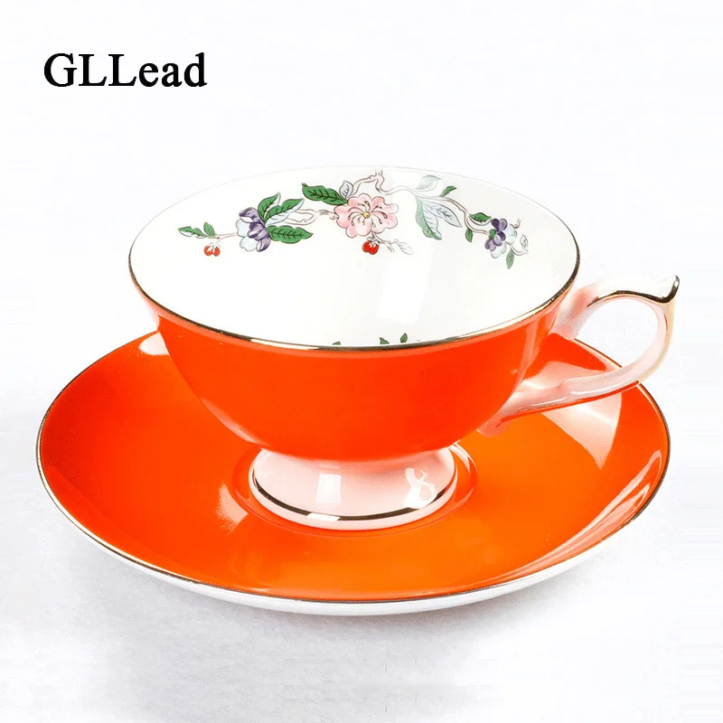 cheap GLLead English Style Molding Bone China Coffee Cup And Saucer Set Ceramic Flower Tea Cups With Spoon 200ml Teacup Porcelain