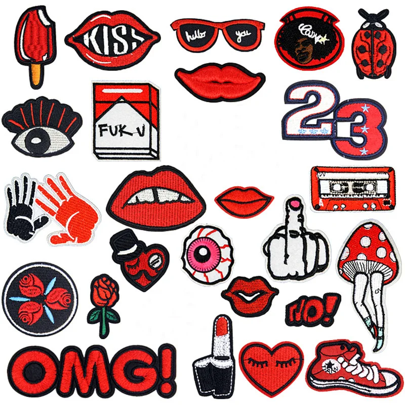 

Red Lips Patches Finger Clothing Applications Embroidered Stripes Badges Iron on Appliques Love Herat Stickers for Clothes @D