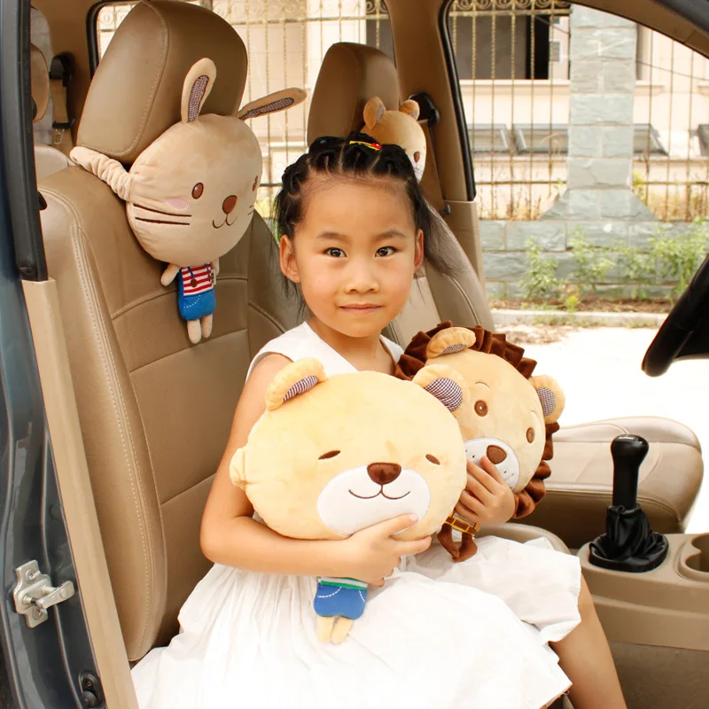 Мультяшная Автомобильная подушка-подголовник с кроликом, медведем, львом, лисой, подушка для отдыха на шее для детей, веселые детские игрушки, подушки Короткие плюс