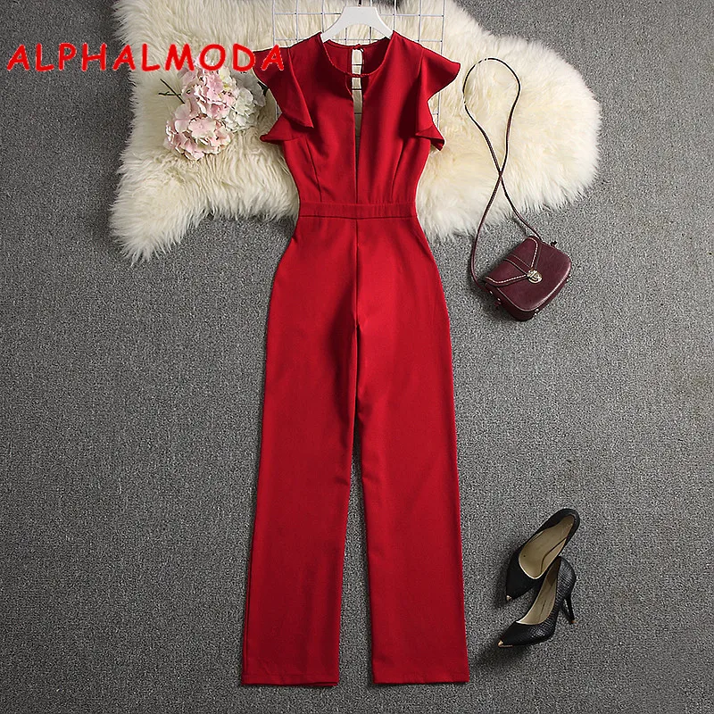 ALPHALMODA 2019 Summer Women Deep V-neck Sexy Jumpsuits Solid Color Straight Full Length Pants Ladies Party Overall Outfit ALPHALMODA 2019 Summer Women Deep V-neck Sexy Jumpsuits Solid Color Straight Full Length Pants Ladies Party Overall Outfit