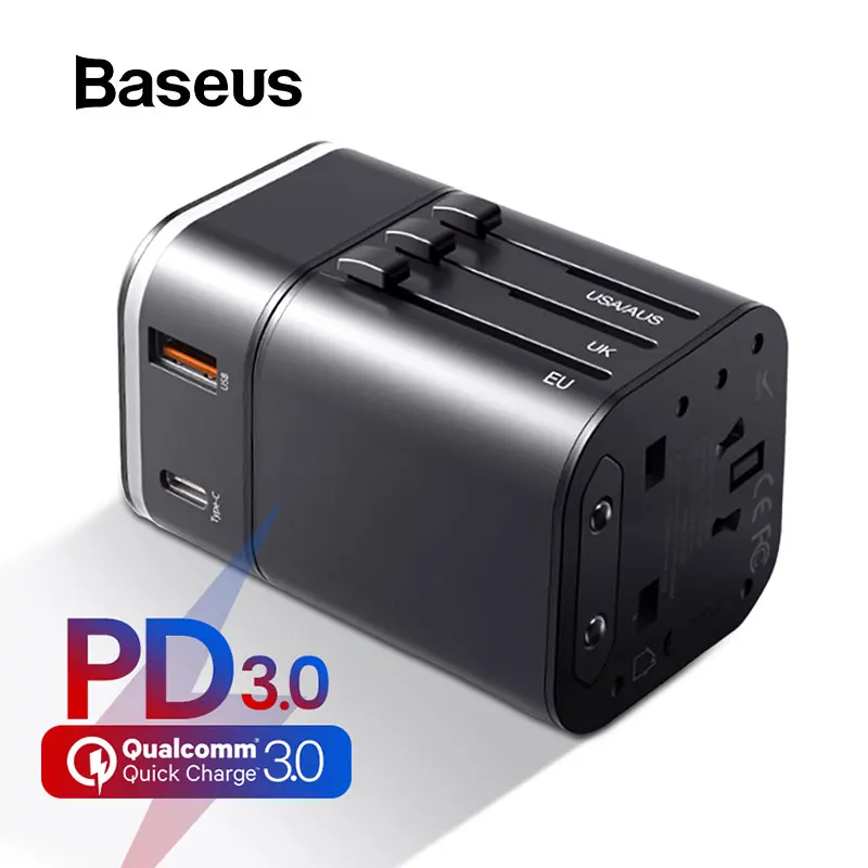 Baseus 18 W شاحن USB مزدوج محول السفر QC3.0 + PD3.0 الهاتف المحمول شاحن 2 في 1 العالمي تحويل شاحن عالميا محول