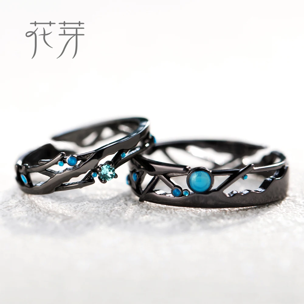 Thaya S925 Silver Cosmic Milky Way Design Black Rings Blue Bright Zircon Beads Rings for Women Lover Vintage Jewelry Gift Fine Jewelry