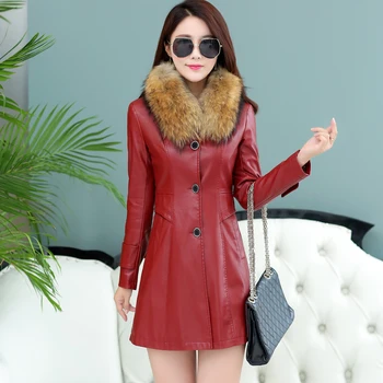 

2018 autumn leather clothing female Coat medium-long trench sheepskin outerwear single slim plus size Casaco de couro mulher