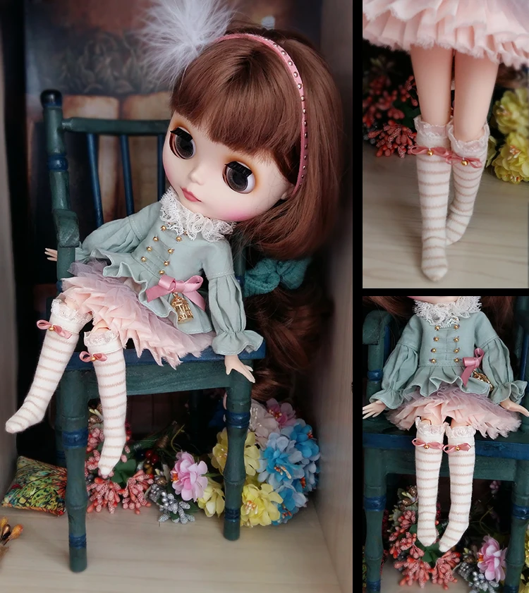 

5pcs/set Exquisite Princess Dress Lace Bubble Skirt Feather Hairband puff sleeve tops Stripe Stockings for blyth licca 1/6 Dolls