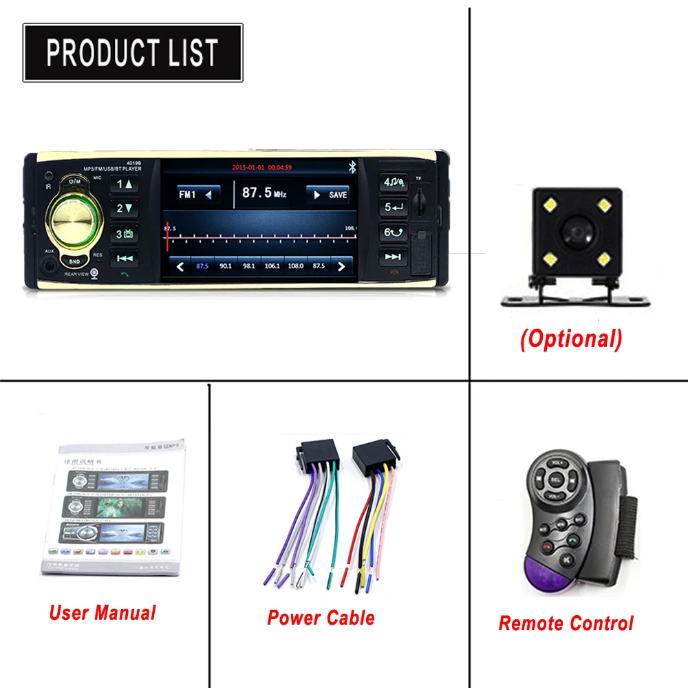 Podofo Авторадио 4019b 1 din MP3 автомобильный радиоприемник проигрыватель аудио стерео USB AUX FM радио станция Bluetooth Камера заднего вида дистанционное управление