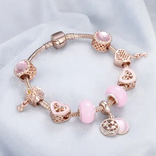 Розовая Золотая цепь "Змейка" браслеты для женщин Подвеска звезда луна сердце замок роскошный DIY бисер кристаллы браслет и браслет Ювелирные изделия Подарки