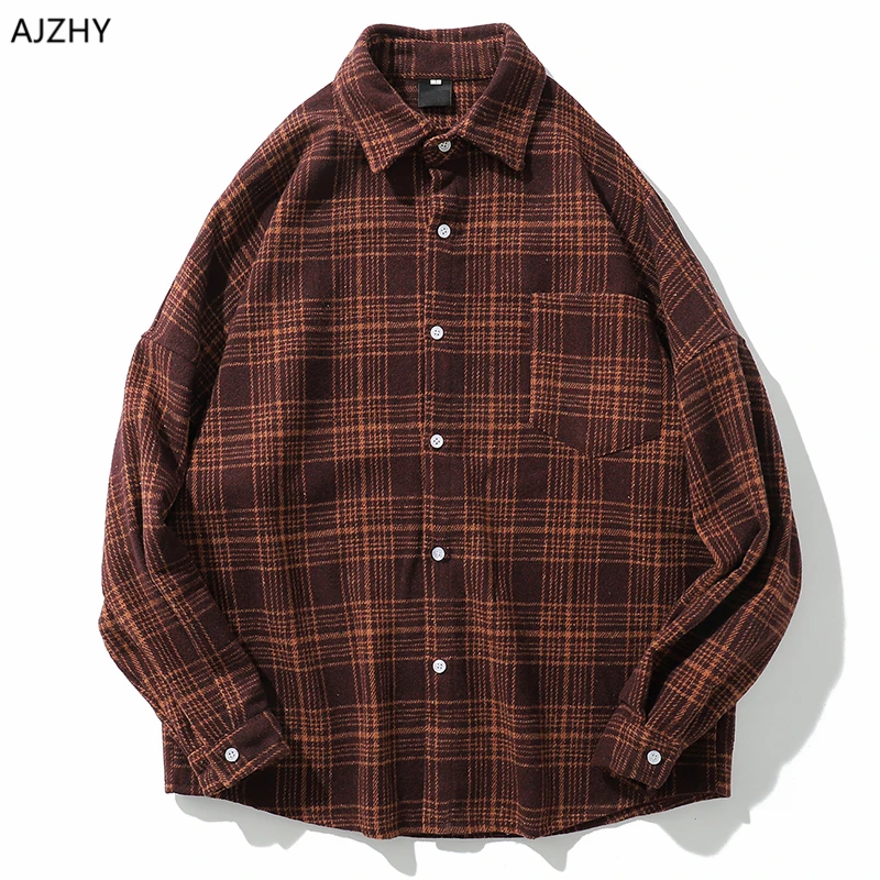 

Casual Men Shirt Long Sleeve Autumn Winter Thick Plaid flannel Shirts Mens of Women Vintage Japanese Streetwear Pocket Camisas