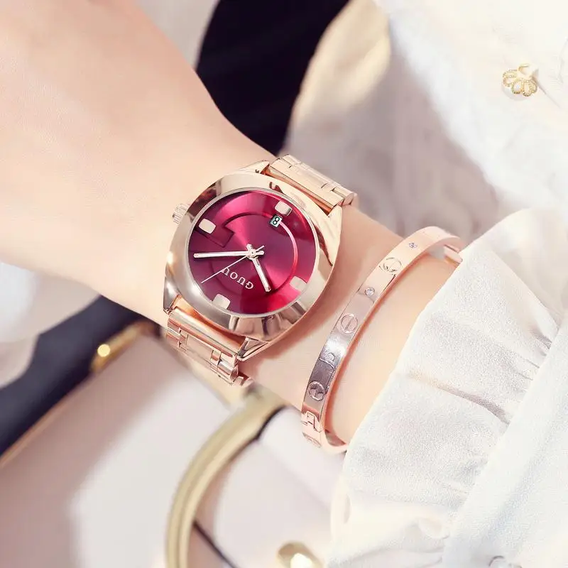 Модные брендовые повседневные часы с циферблатом Guou, Женские Простые полностью стальные водонепроницаемые часы, женские индивидуальные часы, подарок, кварцевые наручные часы - Цвет: Red