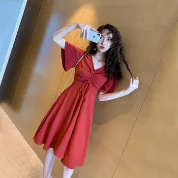 

2019 Summer Corset Pleated Casual Office Dress Big Swing Drawstring Solid Plus Size Dress Women Orange Ladies Dresses Vestidos