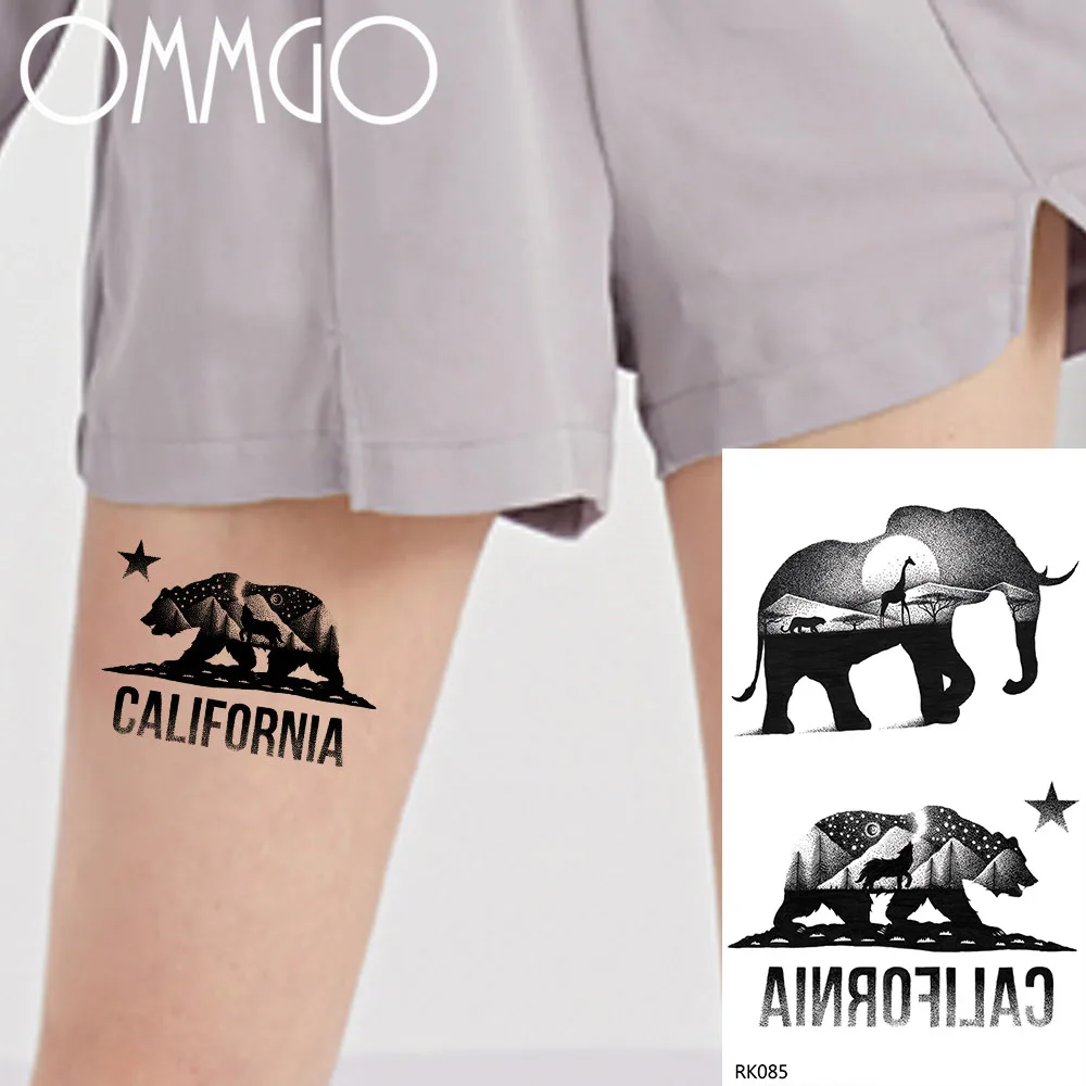 

OMMGO Bear Temporary Tattoos Sticker Black Forest Elephant Fake Tattoo Fonts Animal Star Custom Tatoos Body Art Arm Women Men