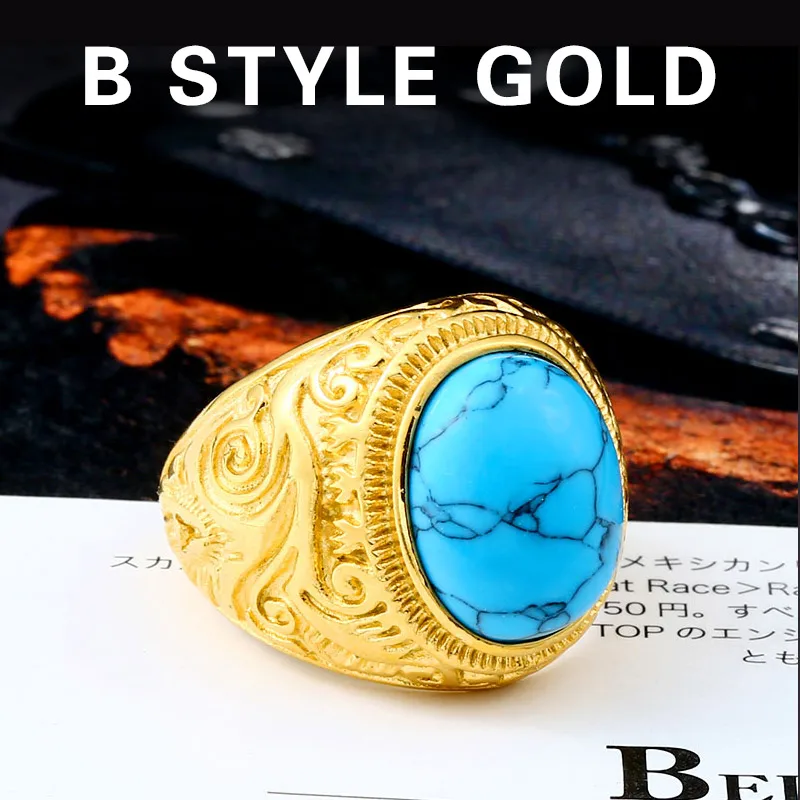 Beier 316L Stainless Steel Natural Oval Opal Green Stone Ring Vintage Nobel Palace Product For Woman Man LR633 - Цвет основного камня: gold