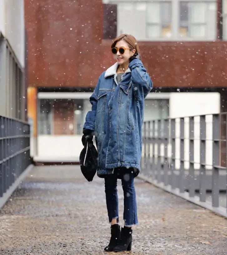 Manteau Taille Chaud 2018 Veste De Velours Plus Ayunsue Outwear Denim Femmes La Manches L2052 Automne Large Hiver Coton Nouveau Longues Jeans nkO8P0w