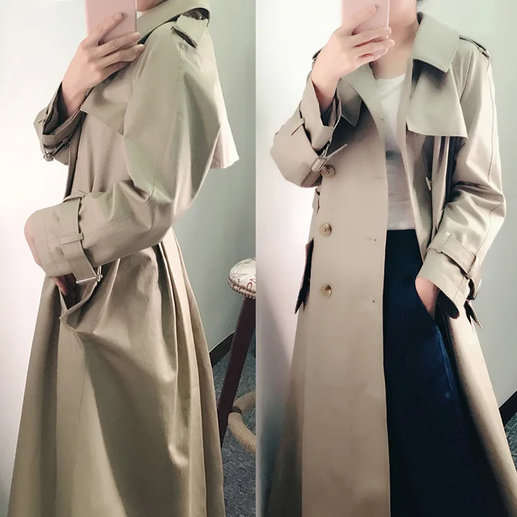 Windbreaker female long section over the knee Korean version 2019 autumn new waist slim double-breasted coat coat tide Windbreaker female long section over the knee Korean version 2019 autumn new waist slim double-breasted coat coat tide