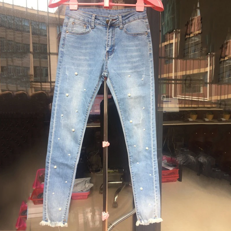 2018 Summer Jeans for Women High Waist Fashion Pearl