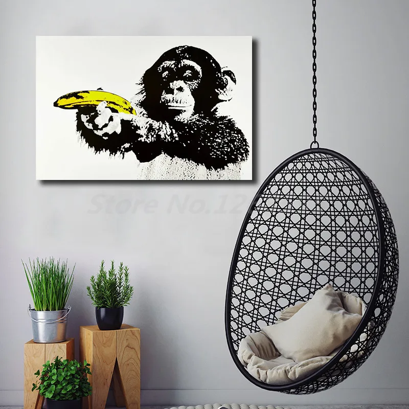 BANKSY CANVAS STREET WALL ART PRINT ARTWORK MONKEY BANANA GUN