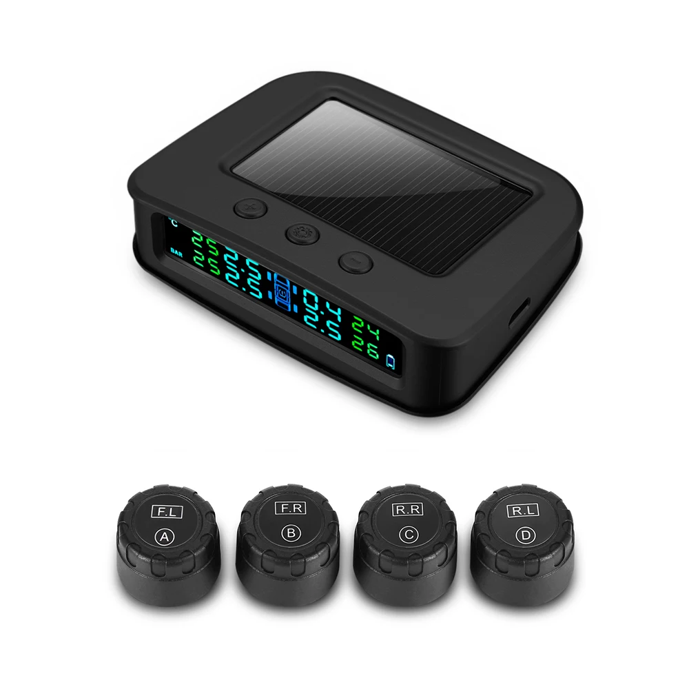 

Universal Solar Powered TPMS Car Tire Pressure Monitor System 4 External Sensors Supports solar energy / USB charging