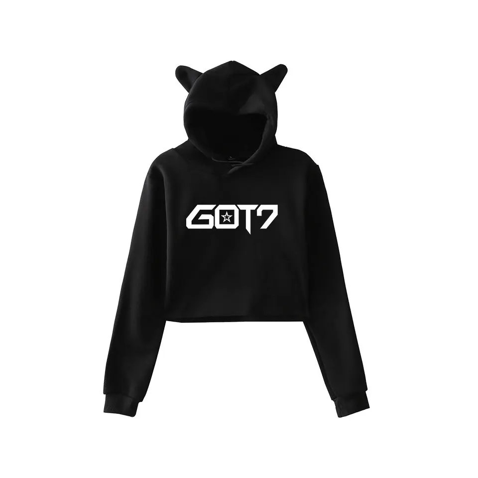 Kpop GOT7 Cropped Hoodie фуфайка женщин Дамы топы Cat пуловер с капюшоном топы толстовки и свитшоты Одежда для девочек