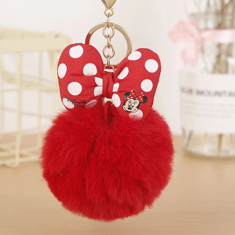 

2019 New Mickey Bowknot With Rabbit Fur Ball For Car Keychain Bag Key Ring Jewelry For Women Bag Holder Key Chain Chaveiro