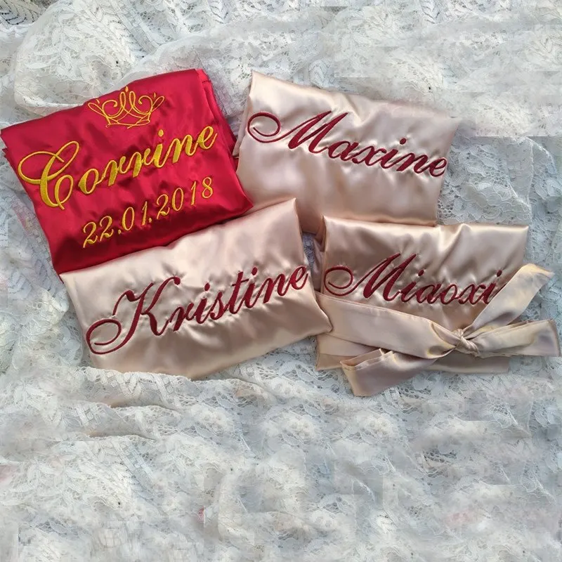 

Free Shipping 5 pcs lot embroidery logo bacheloretty party bridesmaid gift silk satin personalized wedding robes