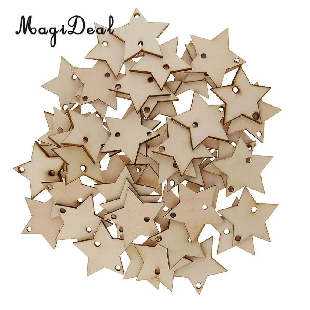 50pcs 35mm Unfinished Wooden Disc Star Tags MDF Wood Cutouts Crafts Embellishment With 2 Holes for DIY Wooden Board Decorations