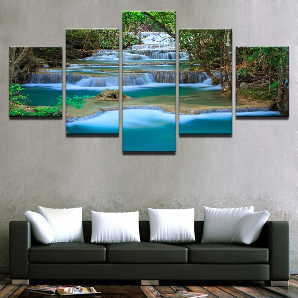 

Modular Canvas Wall Art HD Prints Pictures Home Decor 5 Pieces Landscape Waterfall Posters Forest Trees Lake Paintings Framework