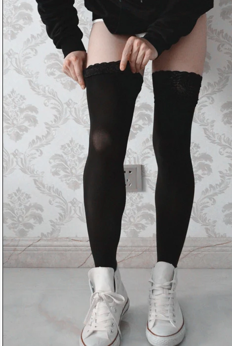 80D Velvet Knee Socks Fashion men Sexy Longituba Lace edge non-slip Stockings Knee Lace Pantyhose Tight