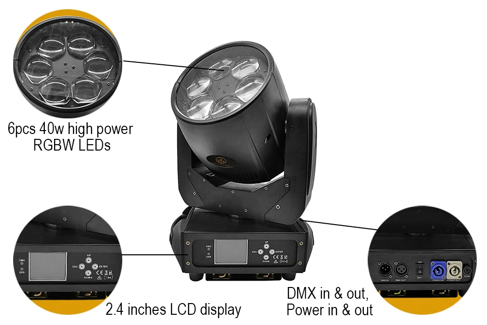  6pcs 6*40W RGBW LED Beam Zoom Wash 3in1 Moving Head Light

