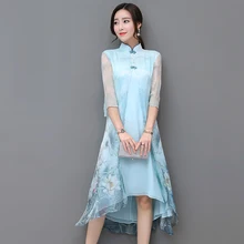 Китайский Стиль Cheongsam синий шелковое платье Два Слои высокое качество элегантный стенд воротник с Платье с цветочным узором женские Vestidos S-3XL